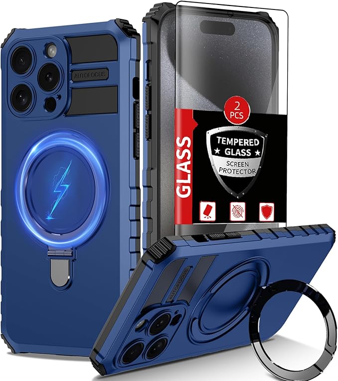 Magnetic for iPhone 14 Pro Max Case Compatible with MagSafe Wireless Charging,for 15 Pro Max Case with 2 Screen Protectors,Built-in Kickstand Ring,Shockproof Heavy Duty Protection,Blue