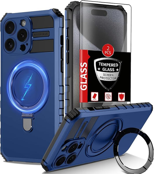 Magnetic for iPhone 14 Pro Max Case Compatible with MagSafe Wireless Charging,for 15 Pro Max Case with 2 Screen Protectors,Built-in Kickstand Ring,Shockproof Heavy Duty Protection,Blue