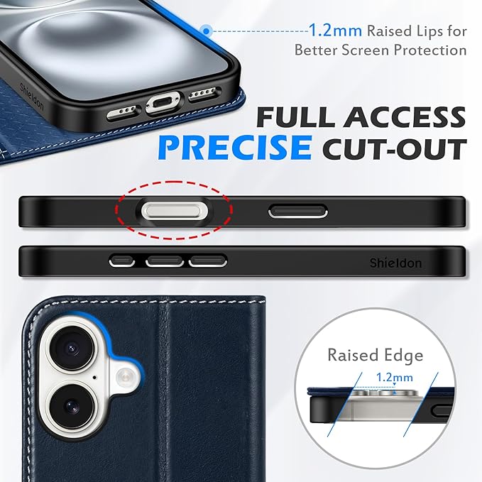 SHIELDON Wallet Case for iPhone 16 5G 2024, Genuine Leather Folio Book Magnetic Closure RFID Blocking Card Slots Kickstand Full Protection Case Compatible with iPhone 16 6.1" - Retro Dark Blue
