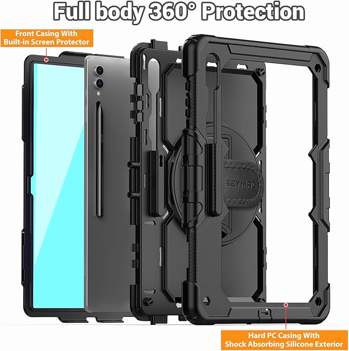 SEYMAC for Samsung Galaxy Tab S10 Ultra 2024/ S9 Ultra/ S8 Ultra Case 14.6 Inch, Heavy Duty Shockproof Protective Case with Screen Protector, Stand, Hand/Shoulder Strap and Pen Holder, Black