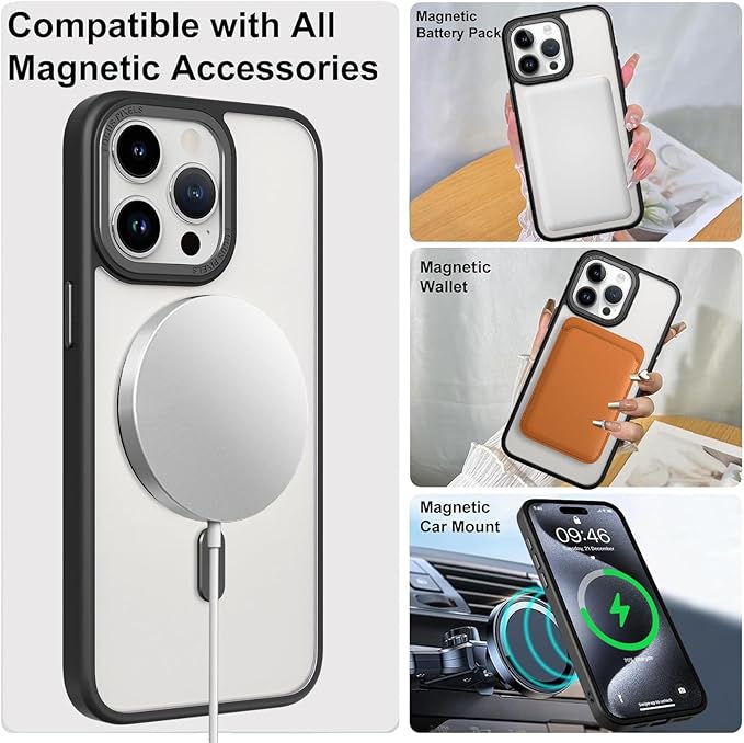 ZIYE Magnetic Case for iPhone 15 Pro Max Case with Stand [Compatible with MagSafe] Slim Shockproof Military Grade Heavy Duty Cover with 360 Rotatable Ring Kickstand for Women Men, Translucent Black