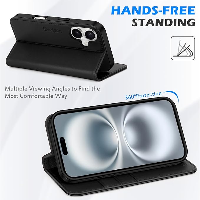 SHIELDON Wallet Case for iPhone 16 5G 2024, Genuine Leather RFID Blocking Credit Card Holder Folio Magnetic Kickstand Shock-Absorbent Protective Phone Case Compatible with iPhone 16 6.1" - Nappa Black