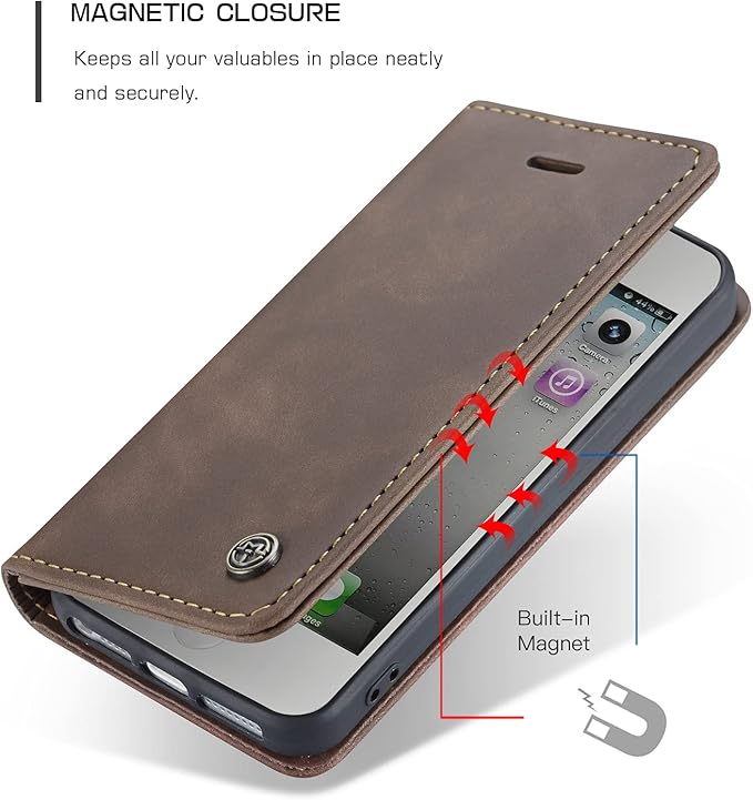 for iPhone 5 / iPhone 5S / iPhone SE (2016) Case, Flip Wallet Leather Case with Card Holder Magnetic Closure Shockproof Kickstand Protective Phone Cases Cover for iPhone 5S,Coffee