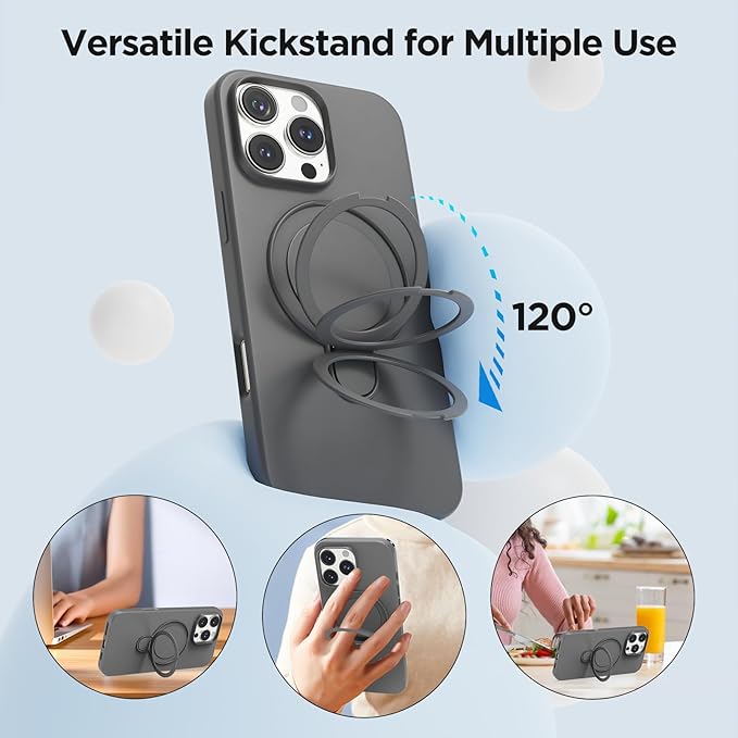 Magnetic Stand for iPhone16 Pro Max Case with Kickstand 【Lab-Certified Protection】【Not Yellowing】【Anti-Fingerprint】 Durable, Enhanced Grip, Slim，Gray，iPhone 16 Pro Max 6.9"