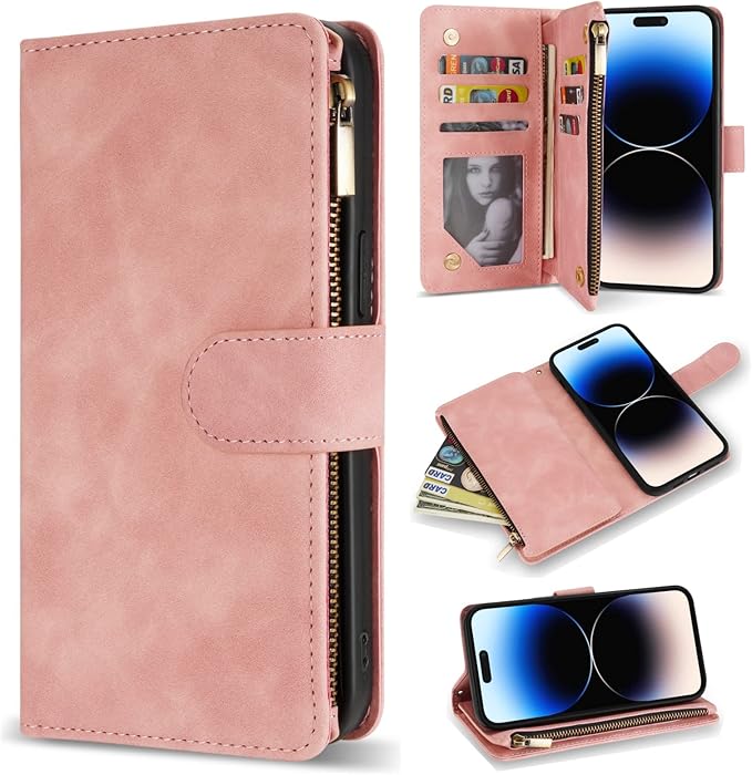 ZZXX for iPhone 14 Pro Case Wallet with [RFID Blocking] Card Slot Premium Soft PU Leather Zipper Flip Folio with Wrist Strap Kickstand Protective Cover for iPhone 14 Pro Wallet Case(Pink-6.1 inch)