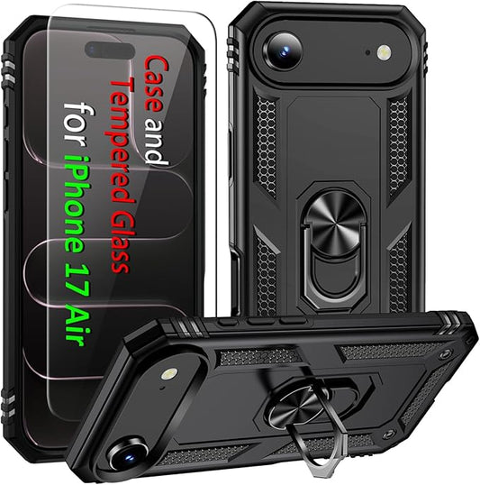 ADDIT Compatible with iPhone 17 Air Case with Tempered Glass Screen Protector, Adjustable Kickstand Ring, Military-Grade Heavy Duty Protection, Shockproof, Anti-Fingerprint, Black