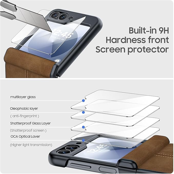 for Samsung Galaxy Z Flip 6 Case/Z Flip 7 FE Case with Hinge Protection & Built-in Screen Protector, Ultra Thin Leather Shockproof Cover Phone Case for Galaxy Z Flip 6/Z Flip 7 FE-Brown