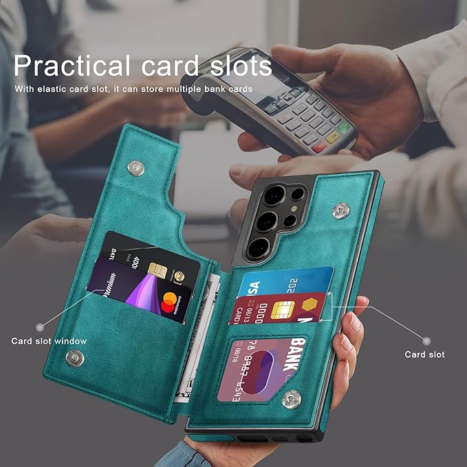 DJDUCK Designed for Samsung Galaxy S25 Ultra Case Wallet with Card Holder, [Magnetic Clasp Cover] [RFID Blocking Leather Protection] Shockproof Women Men Cases for Samsung S25 Ultra Blue Green