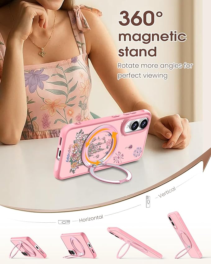 for Samsung Galaxy S25 Edge Case with 360° Rotatable Magnetic Ring - Compatible with MagSafe, Semi-Transparent Soft-Touch Material Shockproof, Cute Pink Castle Design for Women Girl