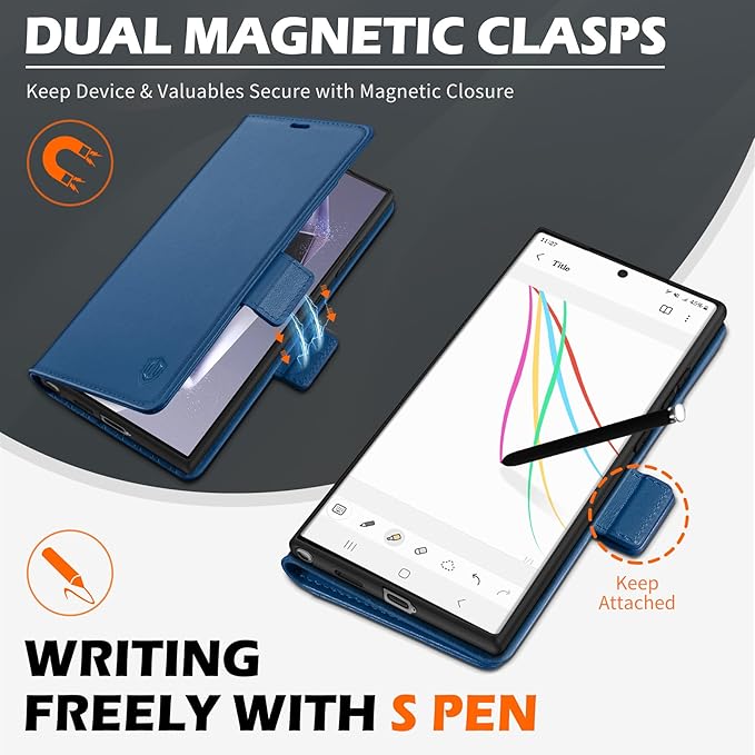 SHIELDON Case for Galaxy S25 Ultra 6.9" 5G, Genuine Leather Wallet Magnetic Case, RFID Blocking Card Holder Kickstand Shock Absorbing Cover Compatible with Galaxy S25 Ultra 2025 - Nappa Royal Blue