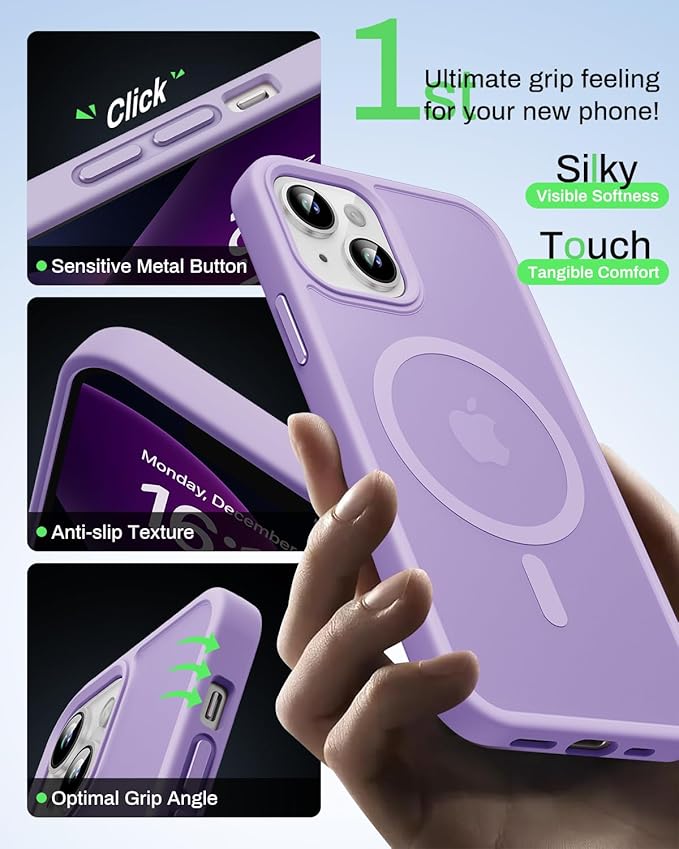 Magnetic for iPhone 13 Case & iPhone 14 Case, Compatible with MagSafe, Military Grade Drop Protection, Slim Shockproof Anti-Fingerprint Translucent Matte Phone Protective Cover, Light Purple