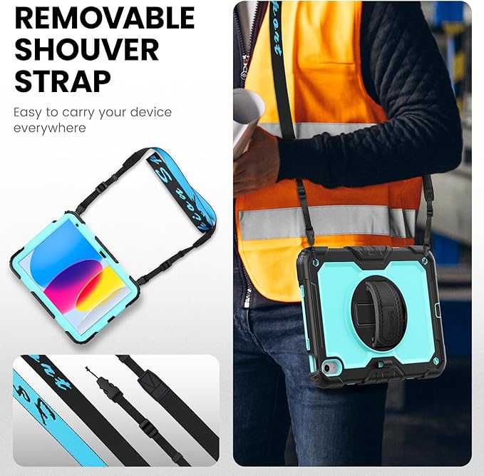 timecity for iPad (A16) 11th/ 10th Generation Case 11''/ 10.9 Inch (2025/2022) - Heavy Duty Protective Cover with Screen Protector, Stand, Shoulder Strap & Pencil Holder | Kids-Friendly - Light Blue