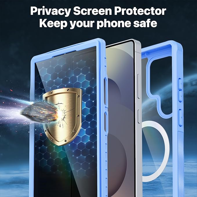 CENHUFO Magnetic Privacy for Samsung Galaxy S25 Ultra Case, Full Body Phone Case with Built-in 9H Tempered Glass Privacy Screen Protector and Camera Lens Cover, Shockproof Bumper - Light Blue