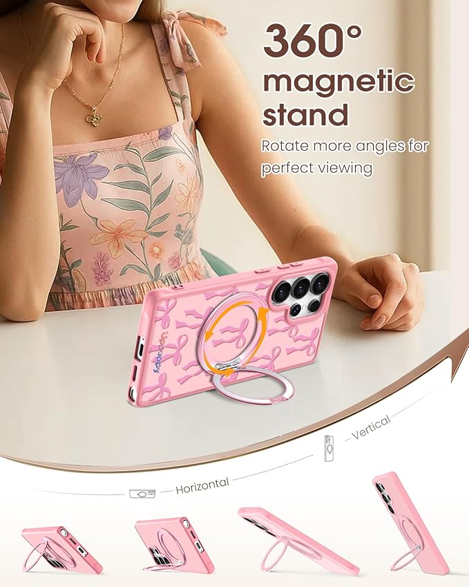 for Samsung Galaxy S25 Ultra Case with 360° Rotatable Magnetic Ring - Compatible with MagSafe, Semi-Transparent Soft-Touch Material Shockproof, Cute Pink Ribbon Bow Design for Women Girl