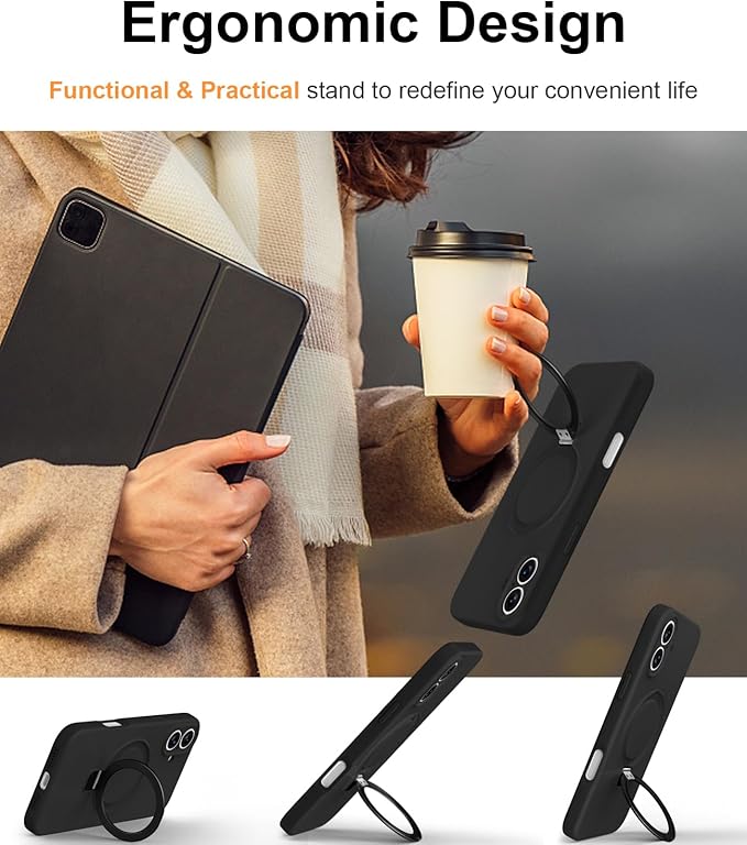 ZHK Liquid Silicone Designed for iPhone 16 Case with Magnet Stand, [Precise Camera Lens Protection][Mil-Grade Drop Shockproof][Soft Anti-Scratch Microfiber Lining] Slim Fit Cover, Black