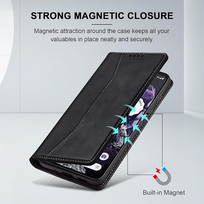 Jasonyu Flip Wallet Case for Google Pixel 8,Leather Magnetic Folio Cover with Card Holder,Kickstand - TPU Shockproof Durable Protective Phone Case,Black