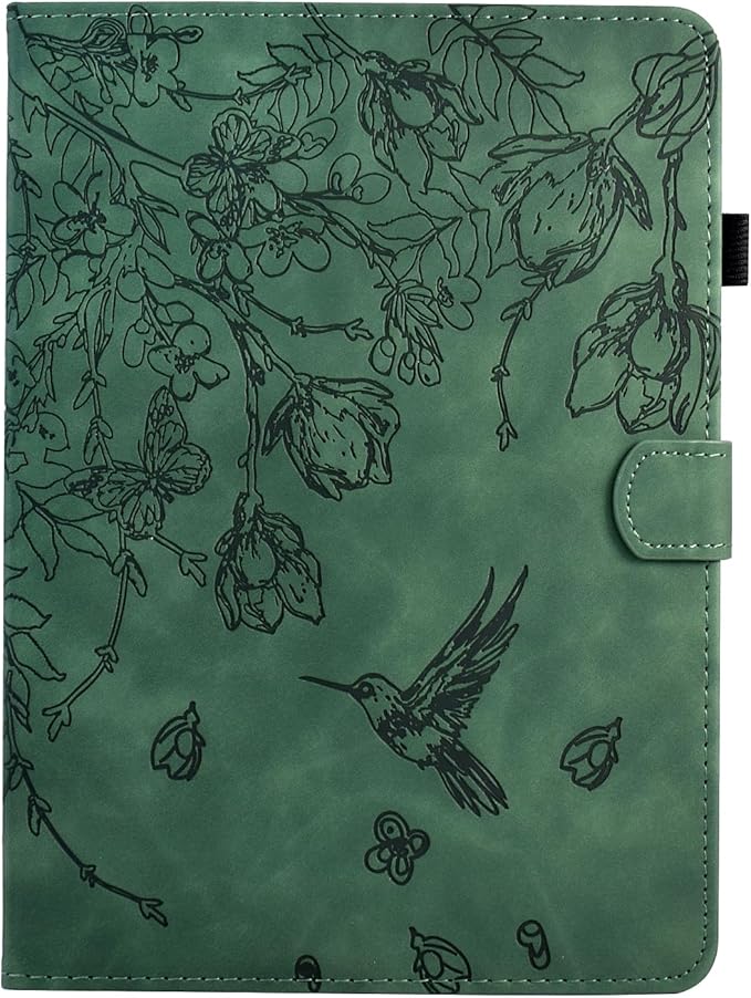 KEROM Case for Samsung Galaxy Tab A9+ Plus 11 Inch 2024 2023 (SM-X210/X216/X218), Embossed Suede Leather Folio Stand Cover with Auto Wake/Sleep & Card Slot & Pen Holder - Green Bird Flower Embossing