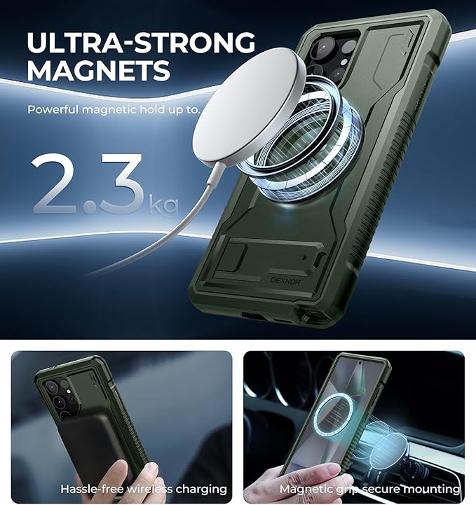 Dexnor Magnetic Case for Samsung Galaxy S24 Ultra Case, Compatible with Magsafe, 2 Front Frames & Built-in Screen Protector, Bumper Rugged Shockproof Full-Body Protective Cover with Kickstand,Green