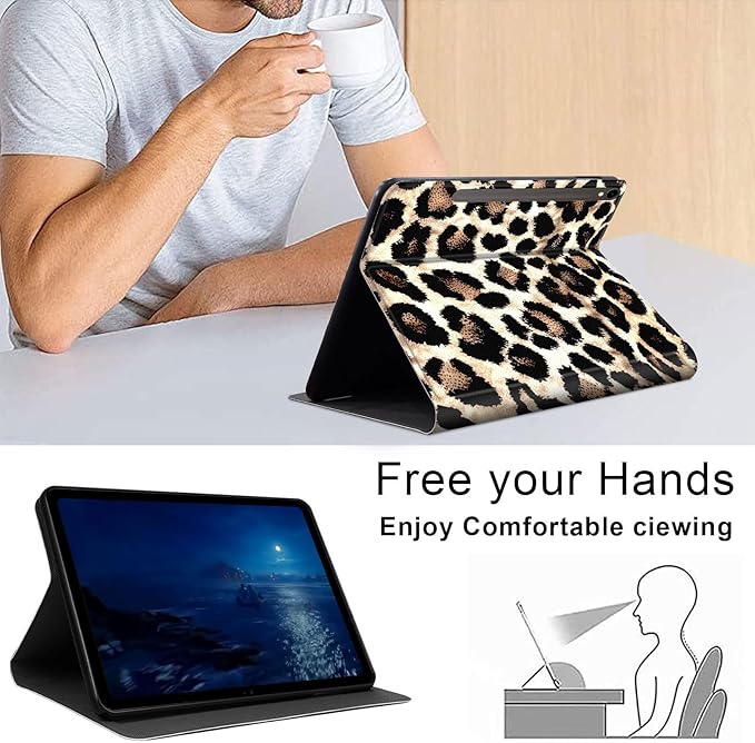 Case for Samsung Galaxy Tab S10 FE/ S9 FE 5G 10.9 Inch/Tab S9 11 Inch, Slim PU Leather Stand Cover with Auto Wake/Sleep, Multi-Angle Viewing & Shockproof, Leopard Print 02
