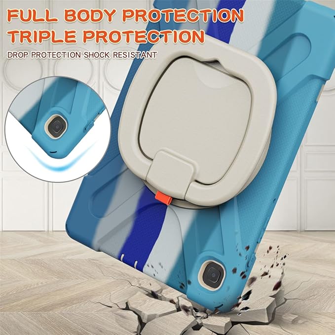 360 Rotation Case for Samsung Galaxy Tab S6 Lite 10.4" Sturdy Cover Rotate Ring Stand Shoulder Carrying Strap Hand Strap Rugged Children Adults Outdoor Case (Colourful Blue)