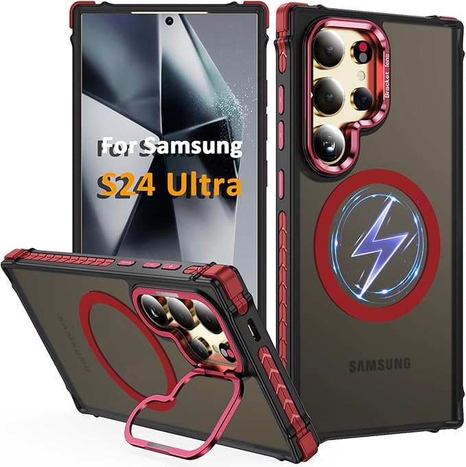 Magnetic for Samsung Galaxy S24 Ultra Case Red Fit for MagSafe Military-Grade Shockproof Protection Adjustable Kickstand Slim Matte Anti-Fingerprint Cover Men Women