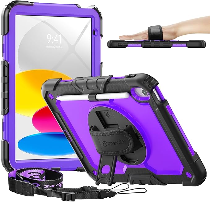 timecity for iPad (A16) 11th/ 10th Generation Case 11''/ 10.9 Inch (2025/2022) - Heavy Duty Protective Cover with Screen Protector, Stand, Shoulder Strap & Pencil Holder | Kids-Friendly - Purple