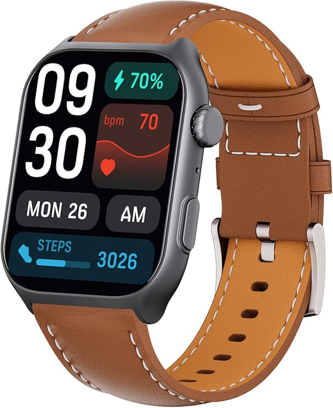 YMS Android Smart Watch for Women - Bluetooth Call,Compatible with Android & iOS，2.0" HD Screen, Heart Rate/Sleep/Step Tracker, 100+ Sports Modes,IP68 Waterproof Men Fitness Tracker (Brown(Leather))
