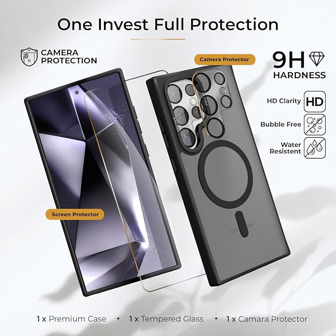 MOTIVE Compatible with Samsung Galaxy s24 Ultra Case with Belt Clip, [Military Grade] with Screen Protector & Camera Lens Protector, Translucent Matte s24 Ultra Holster Case 6.8” | Black