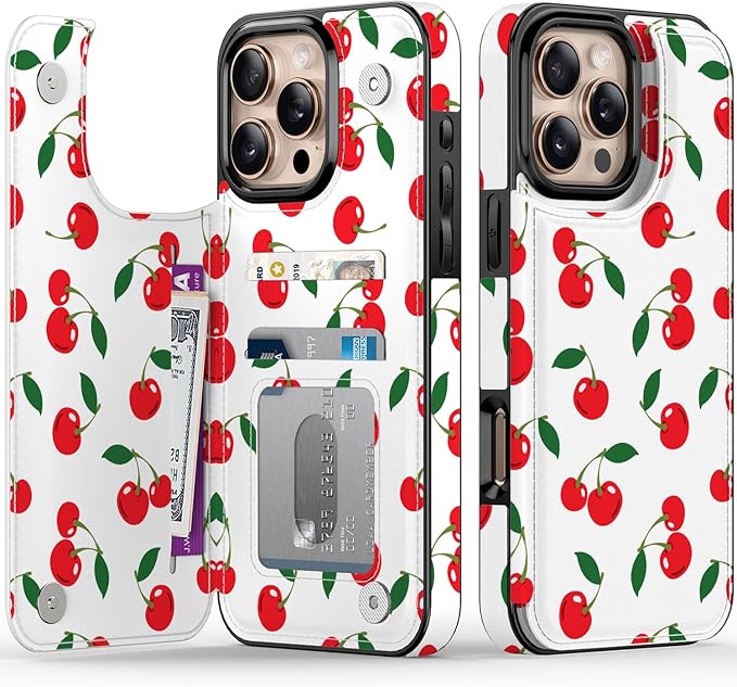 FUNMIKO for iPhone 16 Pro Wallet Case with Card Holder, RFID-Blocking, Military-Grade Protection & UV-Printed Artwork, Magnetic Closure with Leather Kickstand - Juicy Cherries