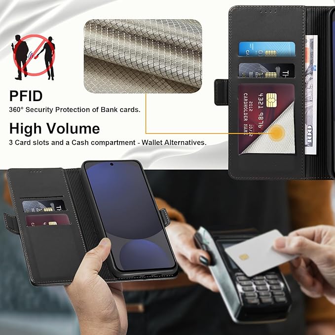 Wallet Flip Case for Samsung Galaxy S24 FE 5G - [RFID Blocking] Luxury PU Leather Card Holder Magnetic Phone Cover with Kickstand,Shockproof Protective Case,Black