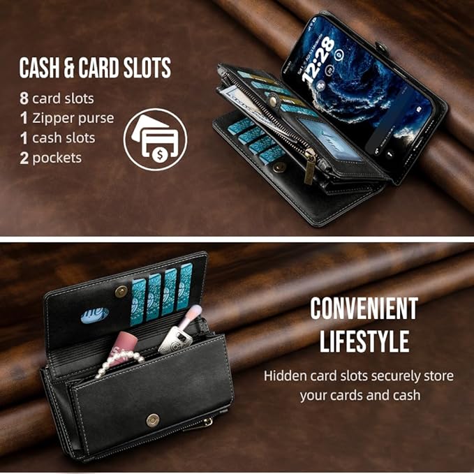 for iPhone Air Wallet Phone Case with 8 Card Holder,RFID Blocking | PU Leather | Kickstand | Flip | Wrist Strap&Shoulder Strap | Shockproof | Zipper Wallet | Women Men | 6.5" | Black