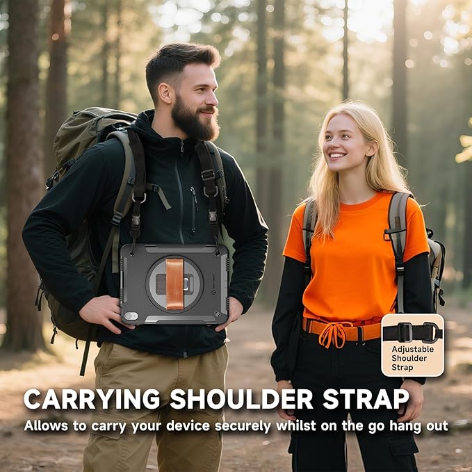 iPad Air 11 Inch M3 2025/M2 2024 (Air 7th/6th Generation), Built-in Screen Protector with Genuine Leather Strap, Rotating Kickstand and Shoulder Strap