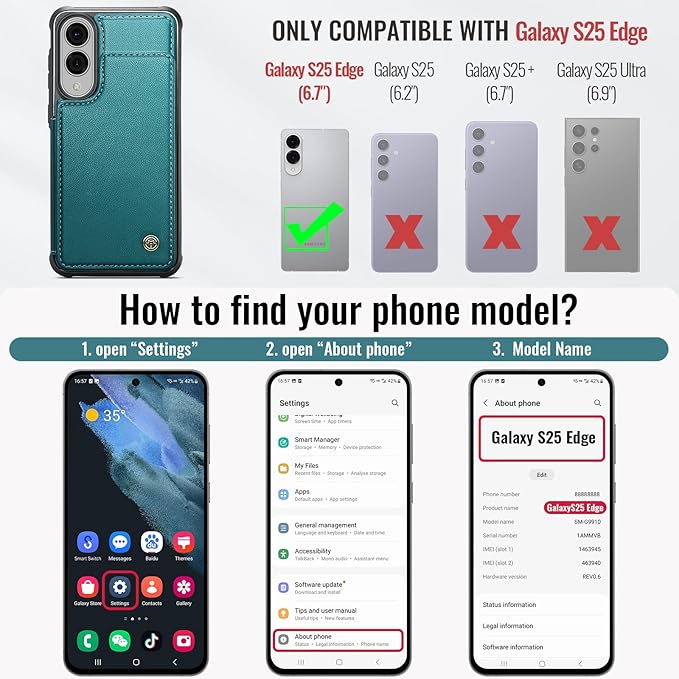 Vinich for Samsung Galaxy S25 Edge Wallet Case with Card Holder, RFID Blocking Credit Slots Kickstand Shockproof Phone Cover for Women Men, Bluish Green