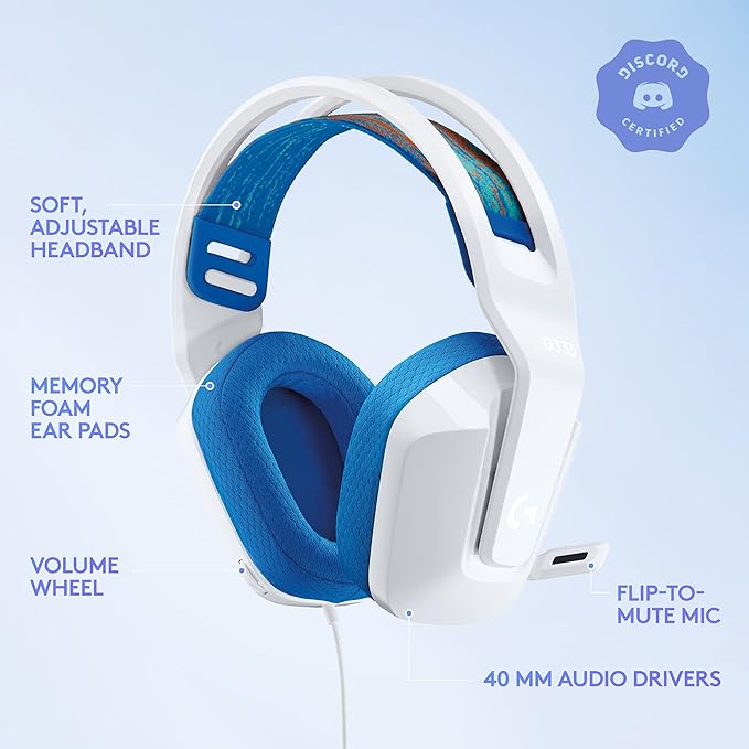Logitech G335 Wired Gaming Headset, with Flip to Mute Microphone, 3.5mm Audio Jack, Memory Foam Earpads, Lightweight - White