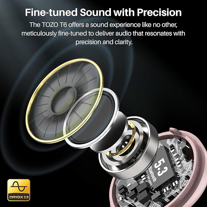 TOZO T6 Wireless Earbuds, IPX8 Waterproof Ear Buds, Stereo Bass Sound Bluetooth 5.3 Headphones in Ear, 50 Hours Playtime Earphones, Wireless Charging Case, Custom 32 EQ via APP
