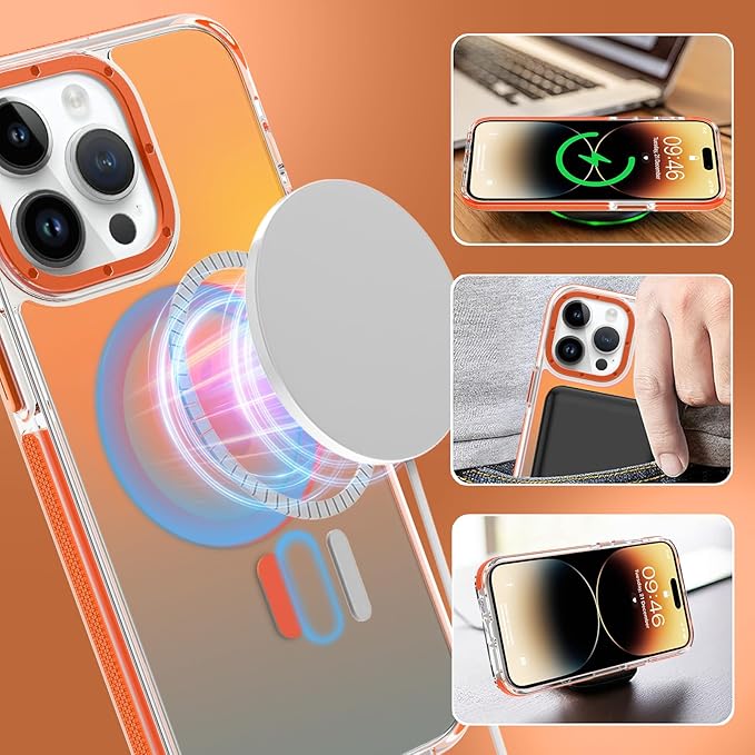 MOWIME Magnetic Case for iPhone 14 Pro [Compatible with Magsafe] [Cute Fashion Fluorescent Design] [1 Screen Protector] Slim Translucent Matte Case for iPhone 14 Pro 6.1" 2022, Orange