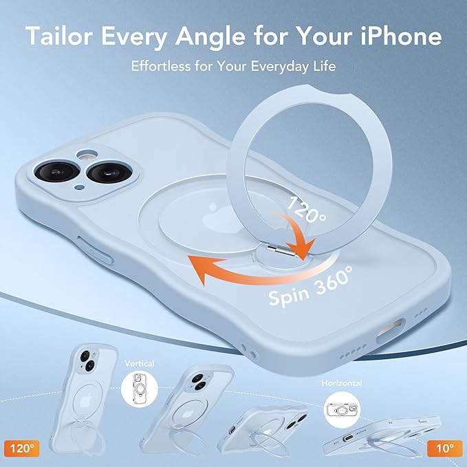 GolbinBox for iPhone 15 Case for Women,[Compatible with Magsafe][360° Spin Magnetic Stand][Cute Wave Edge][Military-Grade Protection] Translucent Matte Phone Case for iPhone 15, Sky Blue