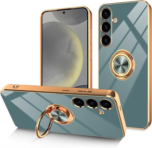 Dinick Gray for Samsung Galaxy S24+ Case with Ring Holder Kickstand [with Magnetic] Soft TPU Bumper, Glitter Gold Electroplated Cover Slim Thin Protective Phone Case for Galaxy S24 Plus