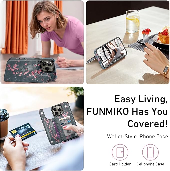 FUNMIKO for iPhone 14 Pro Wallet Case with Card Holder, RFID-Blocking, Military-Grade Protection & UV-Printed Artwork, Magnetic Closure with Leather Kickstand - Mystic Blooming Plum