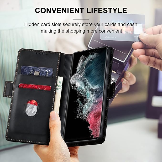 Jasonyu Flip Wallet Case for Samsung Galaxy S22 Ultra 5G,Leather Magnetic Folio Cover with Card Holder,Kickstand - TPU Shockproof Durable Protective Phone Case,Black