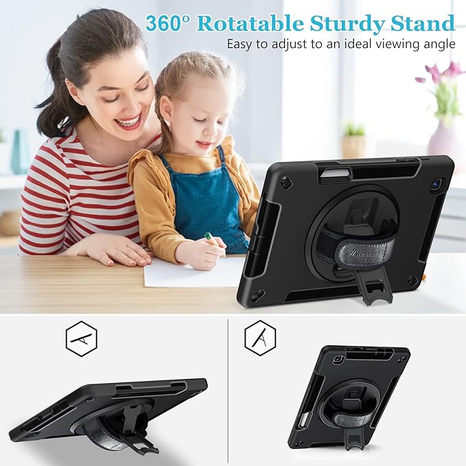 Case for Galaxy Tab S6 Lite 10.4 Inch 2024/2022/2020 : Military Grade TPU Shockproof Cover with Screen Protector - Stand - Shoulder Strap - Handle - S-Pen Holder for Samsung Tablet S6 Lite - Black