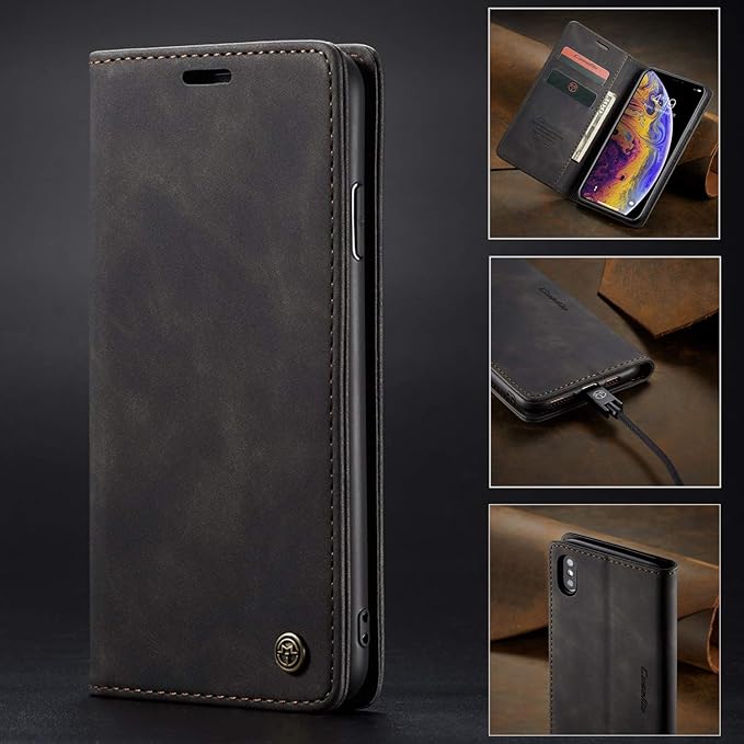 for iPhone X/iPhone Xs Case, Flip Wallet Leather Case with Card Holder Magnetic Closure Shockproof Kickstand Protective Phone Cases Cover for iPhone X, Black