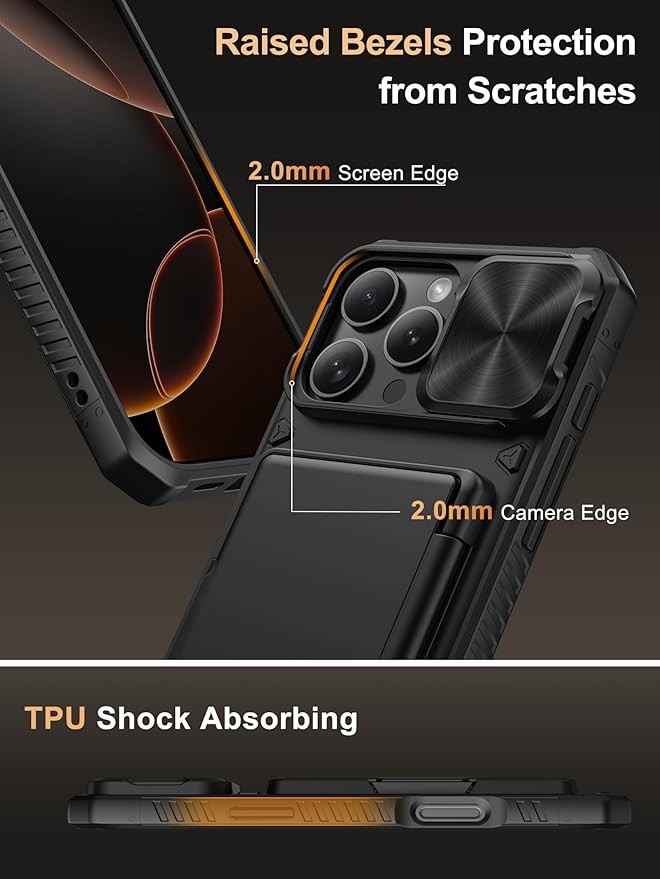 Vihibii for iPhone 16 Pro Max Case with Card Holder (4 Cards) [RFID Blocking] & Slide Camera Cover, Military Grade Drop Protection, Rugged Hard Back & Silicone Edge Wallet Phone Case 6.9" 2024, Black