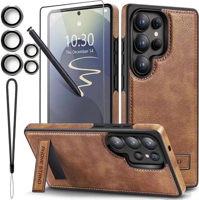 for Galaxy S25 Ultra Leather Case, Built-in Foldable Alloy Stand, with Camera Lens and Screen Protector, Slim Shockproof Kickstand Phone Cover 2025 (Brown)
