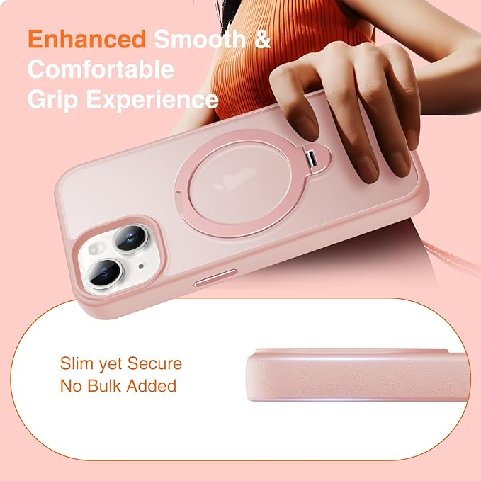 360° O-Ring MagStander for iPhone 15 Case with Magnetic Kickstand Ring Holder [Compatible with MagSafe][360°Rotate Stand Ring][Military Shockproof] Magnet iPhone 15 Phone Cover Matte Pink