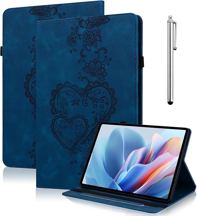 Case for Lenovo Idea Tab Pro 12.7 Inch 2025, Embossed Heart PU Leather Protective Tablet Case with Elastic Band & Card Slots/Holder, Multi-Angle Viewing Stand Cover ，Dark Blue