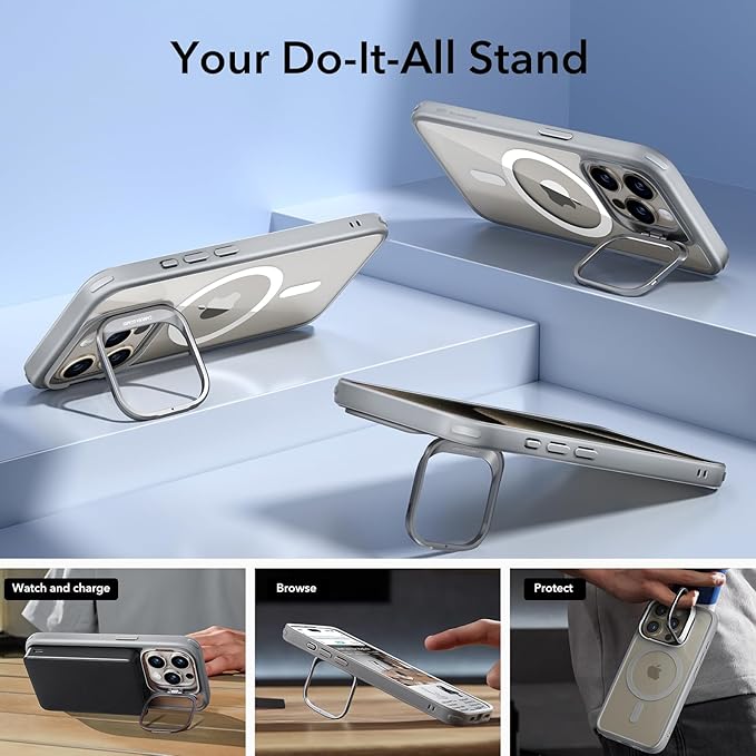 ESR for iPhone 15 Pro Max Case, Compatible with MagSafe, Military-Grade Protective Case, Built-in Stash Stand Phone Case, Scratch-Resistant Back Cover, Classic Series,Clear Grey