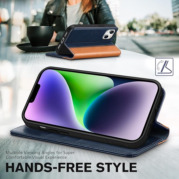 TUCCH Wallet Case for iPhone 14 6.1 5G, PU Leather Folio Case with [RFID Blocking] [3 Card Slot], Kickstand Book Design [Shockproof TPU Interior Case] Compatible with iPhone 14 6.1-inch, Brown & Blue
