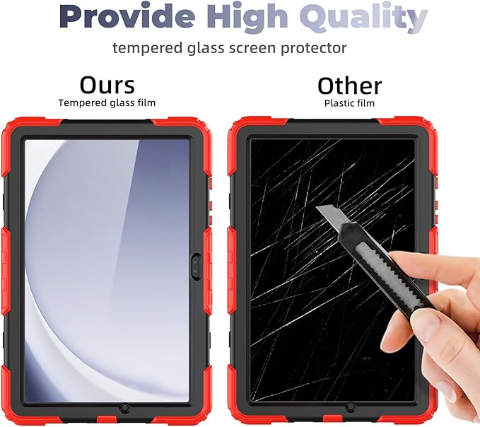 BLOSOMEET Case for Samsung Galaxy Tab A9 Plus with Tempered Glass Screen Protector Shoulder Strap Pencil Holder,Red