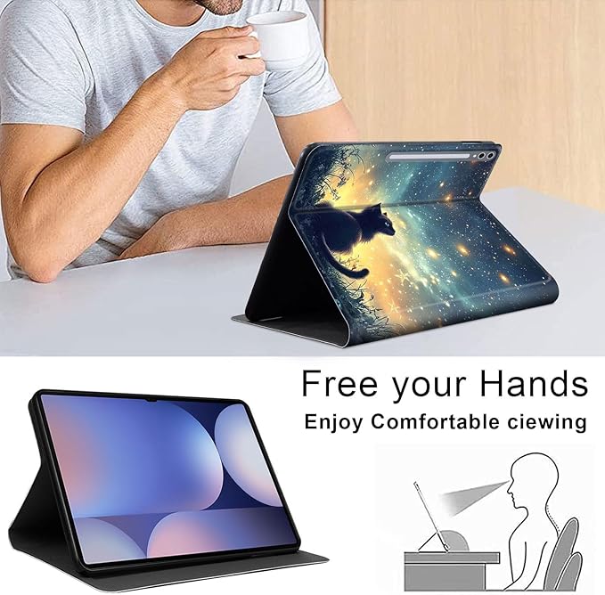 Case for Samsung Galaxy Tab S10 Plus/ S9 FE Plus/ S9 Plus 5G Tablet 12.4'', Slim PU Leather Stand Cover with Auto Wake/Sleep, Multi-Angle Viewing & Shockproof, Black Cat Sky